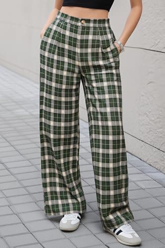 Cicy Bell Womens Wide Leg Plaid Pants Checkered Business Casual Trousers High Wiasted Baggy Palazzo Pants Deep Green - Thumbnail 2