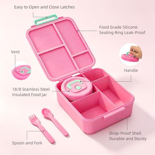 Kids Bento Lunch Box with 12oz Soup Thermo, 4 Compartments Leak Proof Lunch Box, Stainless Steel Insulated Food Jar for Girls Back to School, Daycare, Camping, Picnic, Unicorn Birthday Gifts for Girl - Thumbnail 4