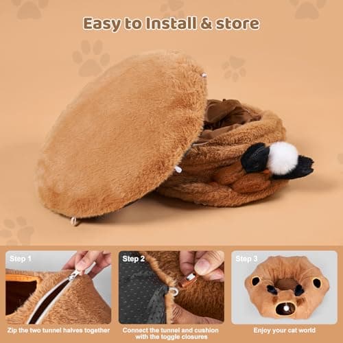 Cat Tunnel Bed with 20 Pcs Interactive Toys, 3-in-1 DIY Collapsible Plush Cat Tube with Washable Mat, Large Indoor Play Tunnel Cave for Kittens and Small Animals - Thumbnail 5