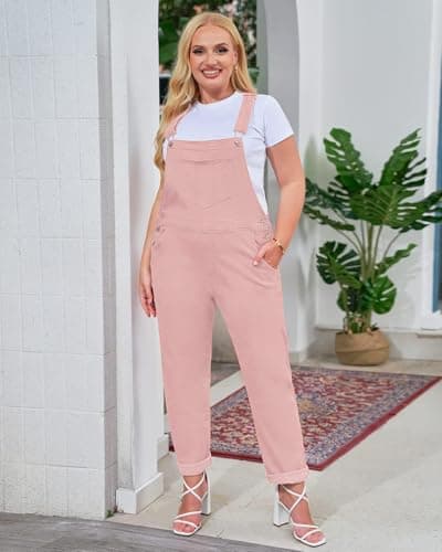 Vetinee Women's Pink Adjustable Straps Pockets Boyfriend Denim Bib Overalls Jeans Pants Large Size 12 Size 14 - Thumbnail 4