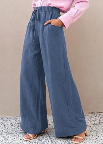 KIRUNDO Wide Leg Palazzo Pants for Women Summer High Waist Flowy Casual Trousers Lounge Pants Beach Vacation Travel Outfits (Dusty Blue, XX-Large) - Thumbnail 3