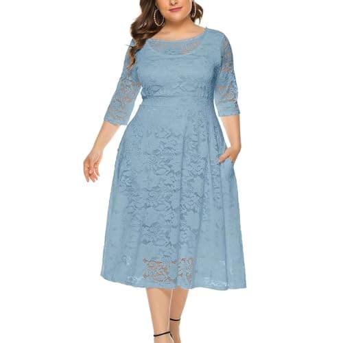 Eternatastic Womens Scooped Neckline Floral lace Top Plus Size Cocktail Party Midi Dress XL Dusty Blue - Image 1