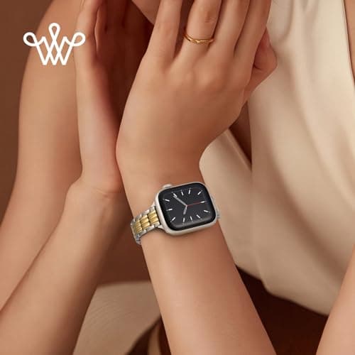 Wearlizer Slim Stainless Steel Band Compatible with Apple Watch Bands 44/45/46/49/42mm Women, Dressy Pretty Metal Strap Bracelet for iWatch Series 11 10 9 8 7 6 5 4 SE/Ultra 3 2 1 Silver/Gold - Thumbnail 5