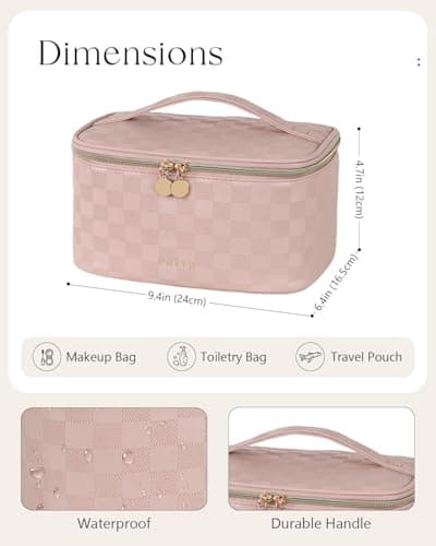 Prite Makeup Bag, Large Capacity Portable Travel Cosmetic Bag, Waterproof Makeup Organizer for Women with Handle and Divider (001 Checkered Pink) - Thumbnail 5