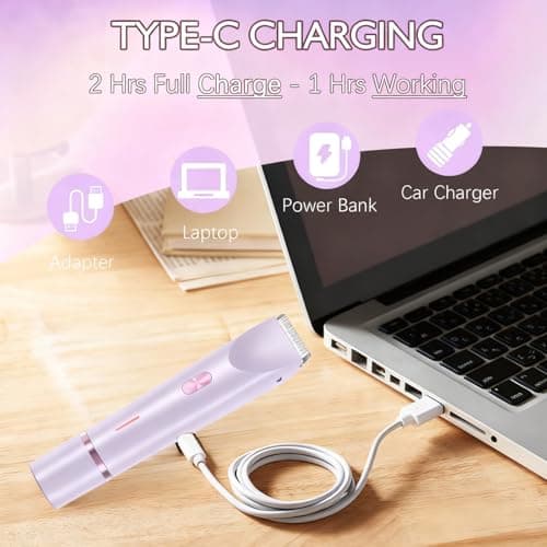 Bikini Trimmer for Women, 2 in 1 Dual-Head Electric Shaver for Women Pubic Hair, Waterproof Wet/Dry Use Body Hair Trimmer and Face Razors, Rechargeable Hair Removal for Bikini Legs Face Underarm Arm - Thumbnail 6