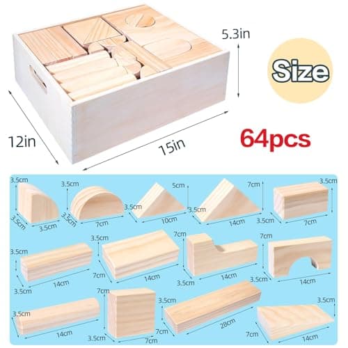 Large Wood Building Blocks with Wooden Storage Tray, 64-Piece Hardwood Sorting & Stacking Toys for Building & Balancing, Educational Preschool Learning Toys for 3+ Year Old Boy and Girl Gifts - Thumbnail 4