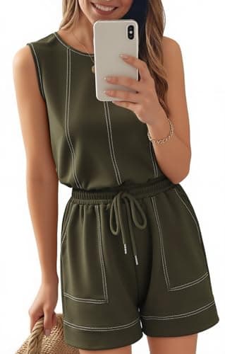 Theenkoln Womens Summer Sleeveless Rompers:Crewneck Adjustable Drawstring Waistband Beach Casual Outfits with Pockets Olive Green Large - Image 1