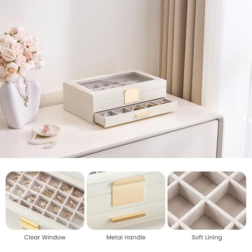 Lolalet Earring Storage Box Case with Glass Top, Large Earring Jewelry Holder Organizer Display with Drawer and Grid, Gift for Girls Women -2 Tiers, Cloud White - Thumbnail 2