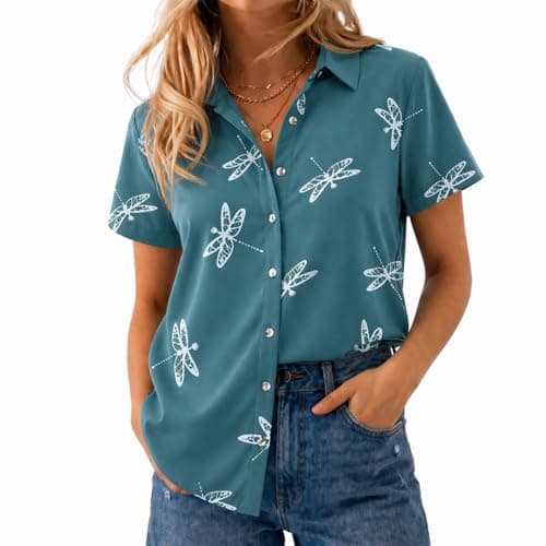 Chicwave Women's Short Sleeve Button Down Shirt, Collared V Neck Floral Blouse, Lightweight Teacher Office Top for Work, Travel, Vacation, Summer, Green - Thumbnail 2