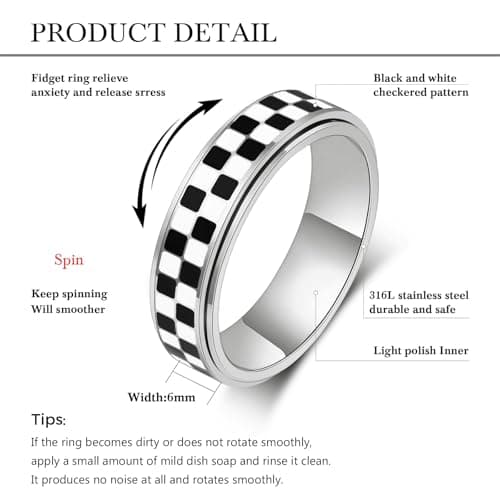 Checkered Fidget Ring for Anxiety Relief, Discreet Silent Spinning Jewelry, Black & White Pattern Durable Stainless Steel Sliver Plated Thumb Spinner Jewelry for Work Office Adults Women Men Size 5-11 - Thumbnail 4