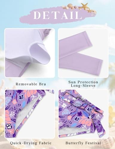 GEMLON Girls Bathing Suits Purple Long Sleeve Crop Rash Guard Swimwear Tropical Shorts with Bow Girls Swimsuits Size 10-12 - Thumbnail 6