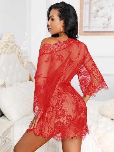 Rigeri Sexy Lingerie for Women Lace Kimono Robe Chemise Nightgown Red XL - Thumbnail 5