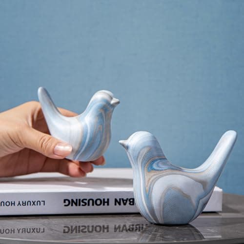 TZIZO 2 Pcs Hand-Painted Blue White Marble Ceramic Bird Statues, Modern Shelf Decor Accents, Unique Gift for Living Room Office Bookshelf Coffee Table (L: 12 & 8.8 cm, H: 8.8 & 6.5 cm) - Thumbnail 2