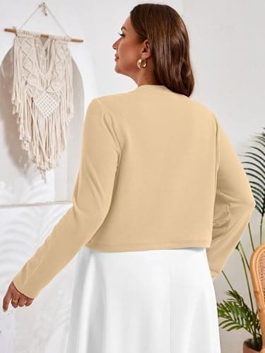 AusLook Plus Size Women Shrugs Long Sleeve Khaki Heather 5X Open Front Cardigan Knit Lightweight Coat Cropped Bolero Tops Shawls and Wraps Dressy Sweater - Thumbnail 6