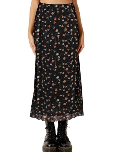 Avanova Women Floral Boho High Waisted Midi Skirt Mesh Flowy Summer Long Skirt Floral Black C Small - Image 1