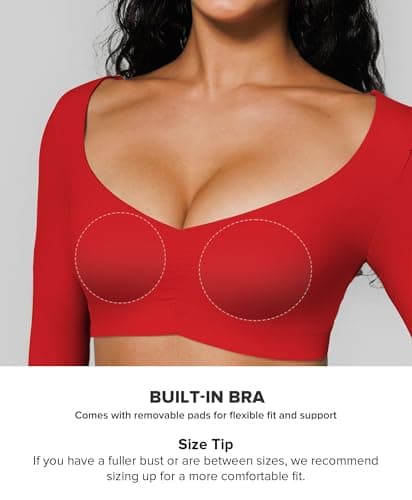 BRXL Red Crop Tops for Women Long Sleeve Workout Gym Athletic Tops Built in Bra Deep V Neck Ruched Padded Dance Sexy Shirts - Thumbnail 5