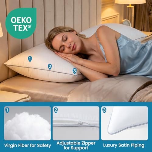 FP FLEXPEDIC Adjustable Bed Pillows for Sleeping - Soft Pillows Queen Szie Set of 2, Fluffy Down Alternative Fill, Zippered Hotel Quality Pillows with Gray Piping, 110GSM Premium Cover, CertiPUR-US - Thumbnail 2