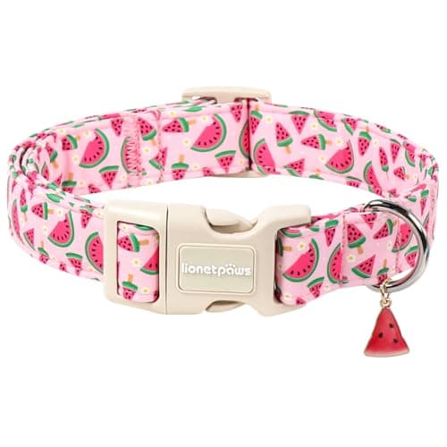 Lionet Paws Pink Watermelon Dog Collar Sweet Spring Summer Collars with Cute Watermelons Pattern Pendant - Female Girl Dog Collar for Small Medium Large Dogs S
