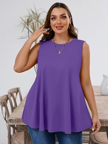 AusLook Plus Size Women's Tank Tops Purple 2X Summer Casual Crew Neck Sleeveless Flowy Loose Fit Boho Tops 2025 Basic Loose Dressy Work Holiday Shirts Business Outfits - Thumbnail 3