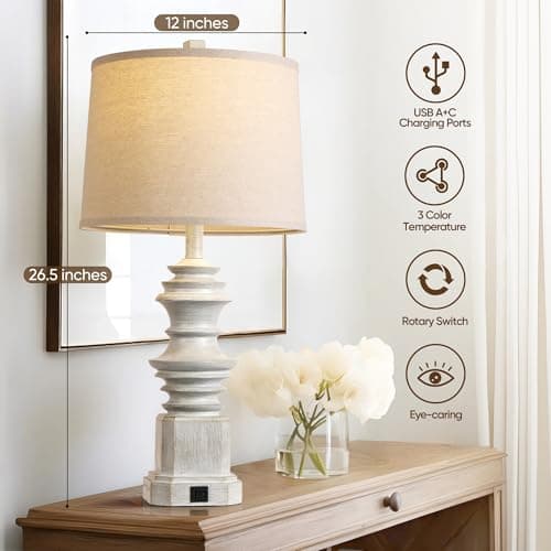 QiMH Table Lamps for Nightstand Set of 2, Bedside Lamp with USB A+C Charging Ports, Farmhouse Table Lamp with Linen Lampshade, Lamps for Living Room, Bedroom Lamps with LED Bulbs, Grey - Thumbnail 3