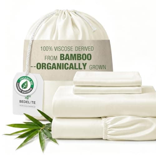BEDELITE Bamboo Viscose Sheets - 100% Organically Grown, 18" Deep Pocket Full Size Sheet Set, All Round Elastic & Corner Straps, Luxury Silky Soft Cooling Sheets for Hot Sleepers, 4 Pieces, Ivory