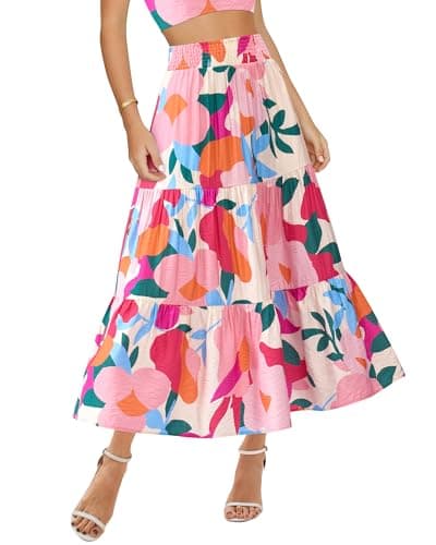 BTFBM Skirts for Women Summer 2026 Floral Print A Line Elastic High Waist Boho Maxi Skirt Spring Fashion Clothing Pocket(Floral Apricot Rose Red, X-Large) - Image 1