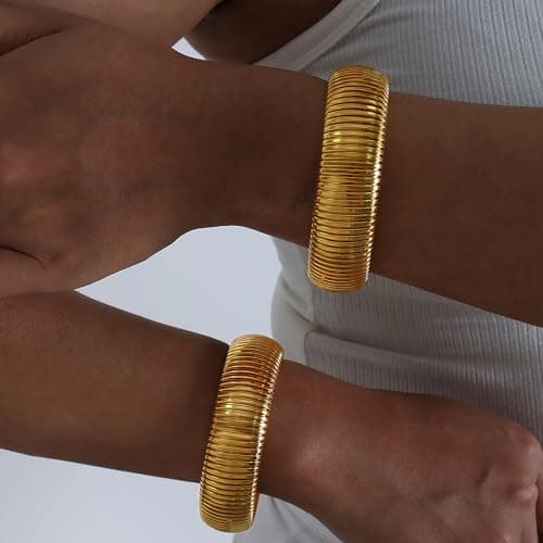 Poaiiu Gold Bracelets for Women 14K Gold Plated Stretch 16mm Snake Chain Bangle Cuff Bracelet Jewelry Gifts for Women - Thumbnail 4