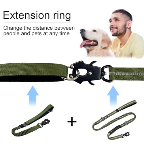 20” Strong Short Leash for Dog, Heavy Duty Bungee Dogs Leash with Padded Handle Car Seatbelt, Dog Training Leashs for Large or Medium Dogs - Can be Used with Other leashes (Army Green) - Thumbnail 4