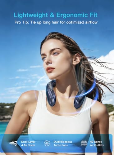 Staholz Neck Air Conditioner Portable, 360° Upward & Downward Back Airflow, Large Cooling Plate & NTC Control, 6000mAh Bladeless Wearable Fan, 6 Speeds for Outdoor, Travel, Office, Golf (Dark Blue) - Thumbnail 4