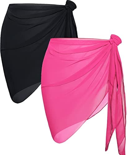 2 Pieces Sarong Cover Ups for Women Beach Bathing Suit Wrap Sheer Short Skirt Bikini Chiffon Scarf for Swimwear (Light Pink and Black) - Image 1