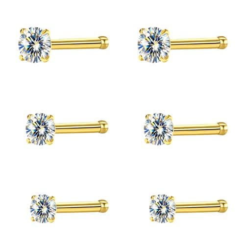 hooppoo Hypoallergenic G23 Titanium Nose Studs with Moissanite | Tiny Straight Bar Piercing Jewelry | 6-Piece Set in 2mm, 2.5mm, 3mm | Unisex Gift (Straight Bar/20G/Gold)