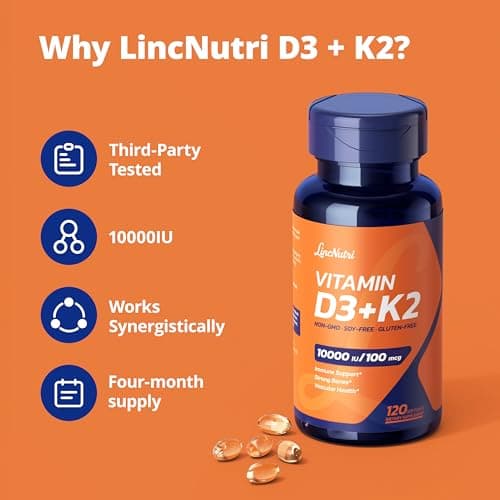 LincNutri Vitamin D3 K2 10000IU, MK-7 100mcg, 120 Softgels Supplements, Gluten Free, Bone & Heart Health, Immune Support,K2 D3 Vitamin Easy to Swallow, Vitamina D3 con K2 for 4-Month Supply - Thumbnail 4