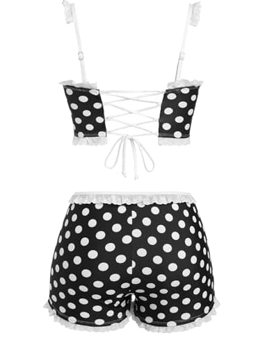 ZAFUL Womens High Waisted Bikini Sets 2 Piece Plaid Ruffle Swimsuits Back Strap Top with High Waisted Shorts Bathing Suit Black Polka Dots XL - Thumbnail 4