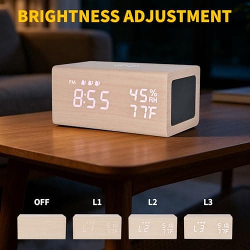 Wooden Digital Alarm Clocks,10W Wireless Charging with 3 Alarms, Dual 5W Stereo Bluetooth Speaker and Light Up with Sound, Adjustable Brightness Date Display Clock for Bedroom, Heavy Sleepers Adults - Thumbnail 3