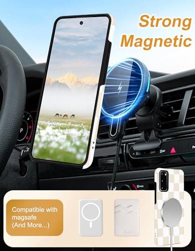 Aitipy Magnetic Checkered Phone Case for Samsung Galaxy S23 Ultra, Compatible with Magsafe, with Cute Checkerboard Stand Ring Holder Aesthetic Protective Phone Cover for Women Girls - Beige - Thumbnail 4