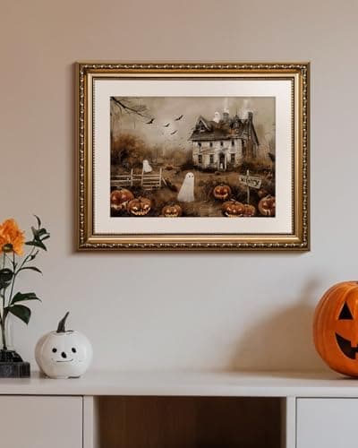 Vintage Gold Framed Spooky Halloween Wall Art, 13x16 Haunted House Jack-o’-Lanterns Bats Canvas Painting Print, Ghosts Pumpkins Halloween Picture Holiday Home Room Atmospheric Decor - Thumbnail 6