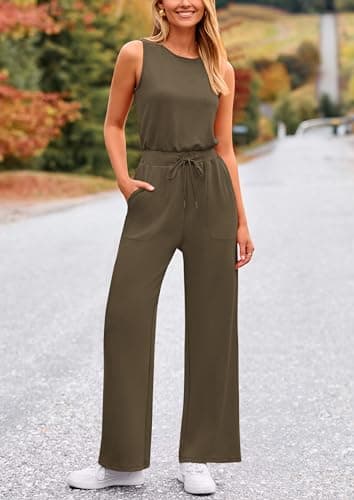 PRETTYGARDEN Jumpsuits for Women Casual 2026 Summer Sleeveless Wide Leg Pants Rompers One Piece Beach Vacation Spring Outfits (Army Green,X-Large) - Thumbnail 3