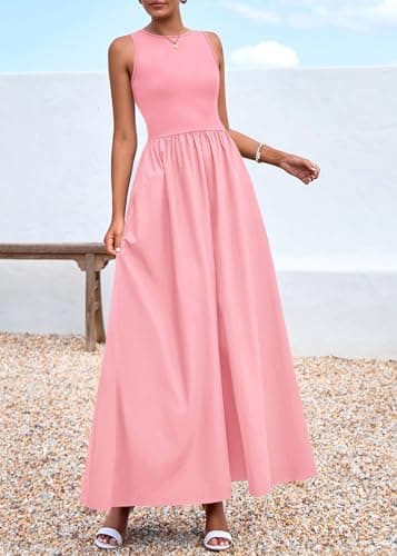 KIRUNDO Summe Sleeveless Maxi Dresses for Women 2026 Spring Wedding Guest A Line Tank Elegant Flowy Beach Long Sundress(Pink, XX-Large) - Thumbnail 6