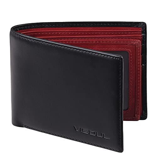 VISOUL Mens Bifold Wallet with 2 ID Windows and 2 Money Compartments, Genuine Leather Designer Wallet with RFID Blocking for Men Two Tone (Black and Burgundy) - Image 1