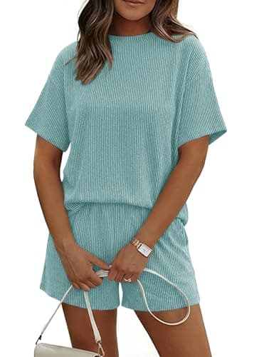 KIRUNDO Two Piece Sets for Women Dressy Casual Ribbed Knit Short Sleeve Top Matching Shorts Lounge Set 2026 Summer Outfits(Light Green, Small) - Image 1
