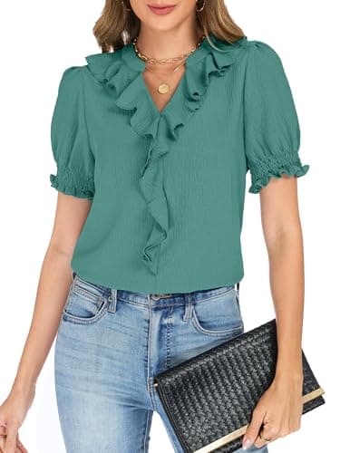 Funlingo Womens Blouses Dressy Casual Short Puff Sleeve V Neck Ruffle Tops Summer Business Work Shirts Smocked Cuffs Spring Trendy 2026 Turquoise M - Image 1