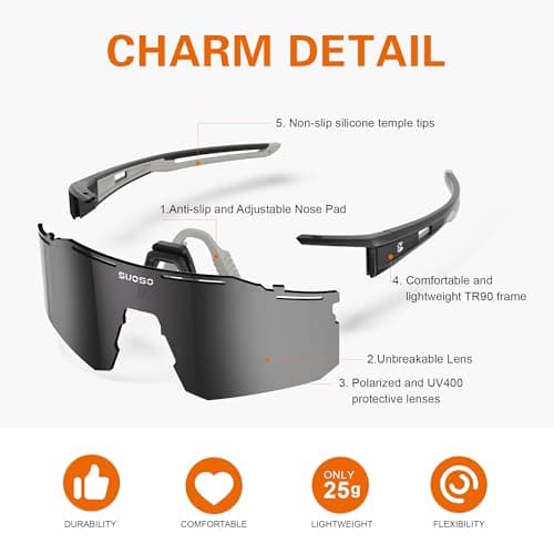 suoso Cycling Polarized Sunglasses for Men: UV400 Protection Glasses Running Baseball Softball Sports Goggles for Youth Women - Thumbnail 2