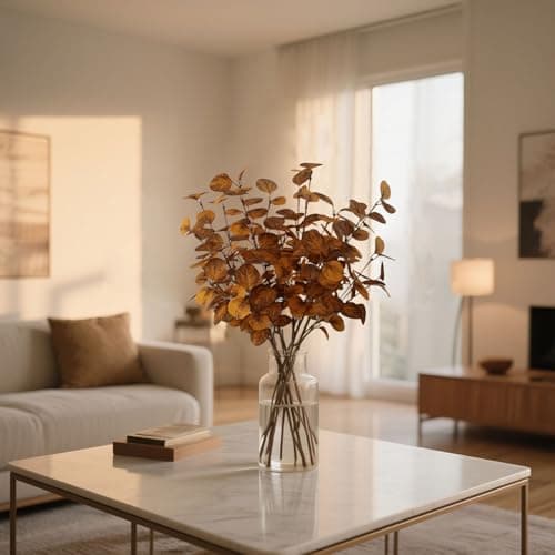 siqifloral 4PCS 23.62" Autumn Brown Metallic Artificial Eucalyptus Stems Real Faux Eucalyptus Leaves for Fall Home Decor, Thanksgiving Centerpiece Christmas Living Room Vase Decoration - Thumbnail 5