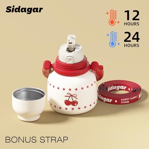 Sidagar 22 oz Water Bottle with Straw and Bowl, Unique Insulated 316L Stainless Steel Leak-Proof Flask for Women & Kids, Yoga & Travel, with Heart Bracelet Charm, Cherry White - Thumbnail 4