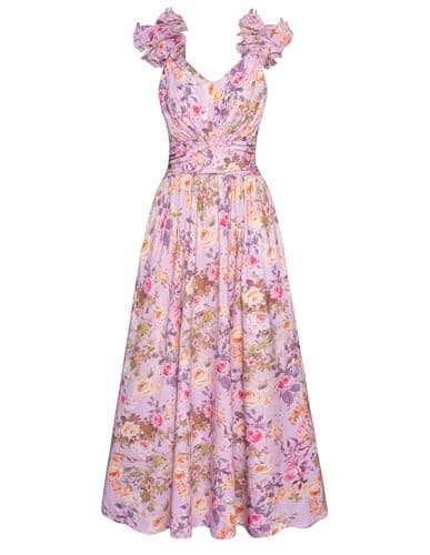 GRACE KARIN 2025 Women's Summer Floral Print Dress Sleeveless Casual Flowy Sundress A Line Ruffle Wedding Guest Dresses Purple Floral M - Image 1