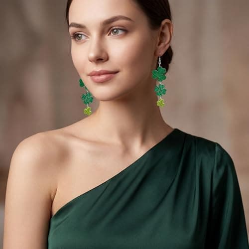 St Patricks Day Shirt Women - Green Shamrock Earrings for Women - St Patricks Day Accessories Outfit | Clover Horseshoe Drop Earrings for Irish Festival Gift - Thumbnail 6