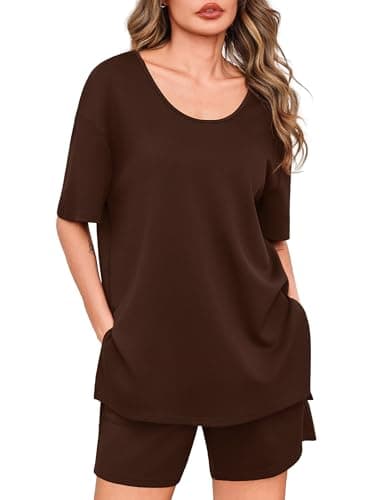 Totatuit Summer 2 Piece Sets for Women Oversized Scoop Neck Top and Shorts Lounge Set Casual Tracksuit Airport Outfit with Side Pockets Brown Small - Image 1