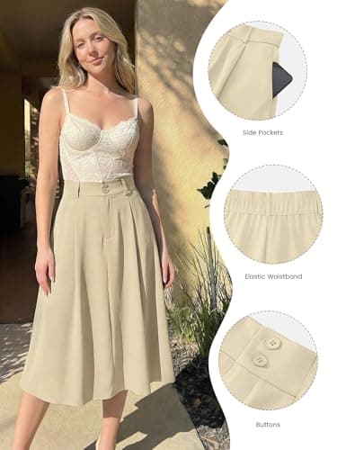 Casly Lamiit Women's Midi Skirt Trendy A Line Pleated Dressy Work Summer Spring Skirt with Pockets Office Light Khaki XS - Thumbnail 4