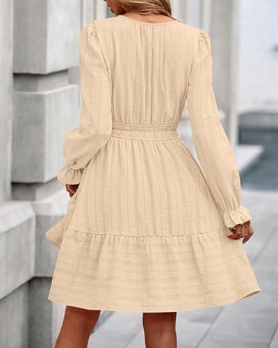 BTFBM Mini Dresses for Women 2026 Casual Lightweight Long Sleeve V Neck A Line Elastic Waist Party Holiday Dress(Apricot, X-Large) - Thumbnail 3