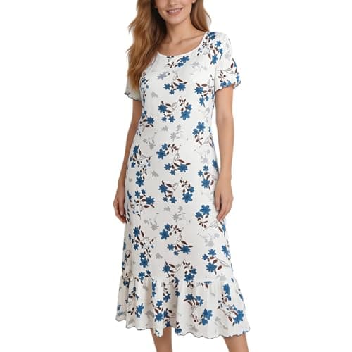 Eternatastic Women's Floral Print Short Sleeve Nightgown Crew Neck House Dresses Loungewear Ribbed Sleep Dress Nightshirt XL Blue